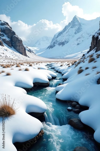 Snow-capped moorland with frozen streams and rocks, frozen, cold, ice