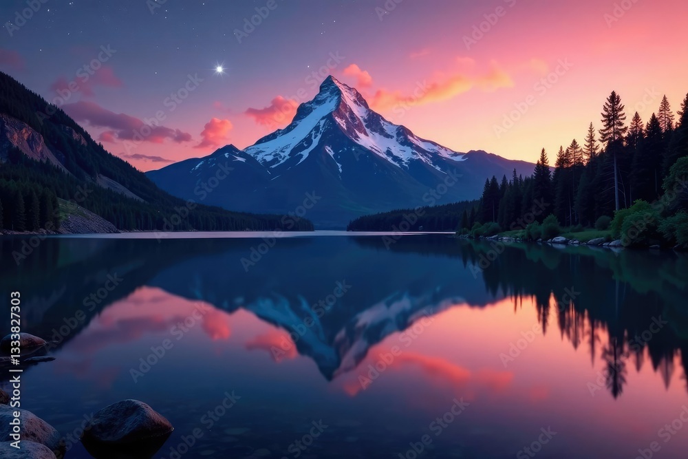 Snow-capped mountain peak reflected in a serene lake at sunset with stars twinkling above, twilight, trees, stars Snow-capped mountain peak reflected in a serene lake at sunset with stars twinkling above, twilight, trees, stars