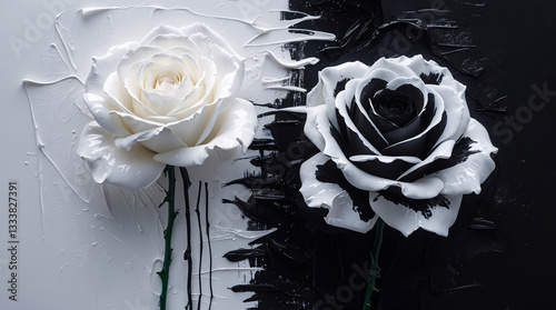 Beautiful pure white rose in front of an abstract black and white splash on the wall creating a striking visual contrast in photography  Abstract Floral Wallpaper