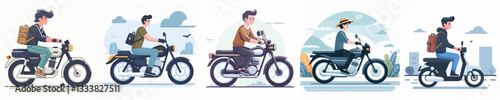 vector of a young man riding a motorbike