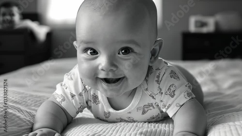 Adorable Baby's Joyful Moment Captured in Monochrome