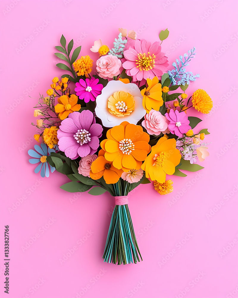 Fototapeta premium Colorful Paper Flower Bouquet on Pink Background