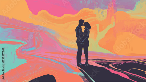 The image is a digital illustration or painting depicting a silhouetted couple embracing against a vibrant, abstract background. The couple is rendered in solid black, standing on a dark, possibly