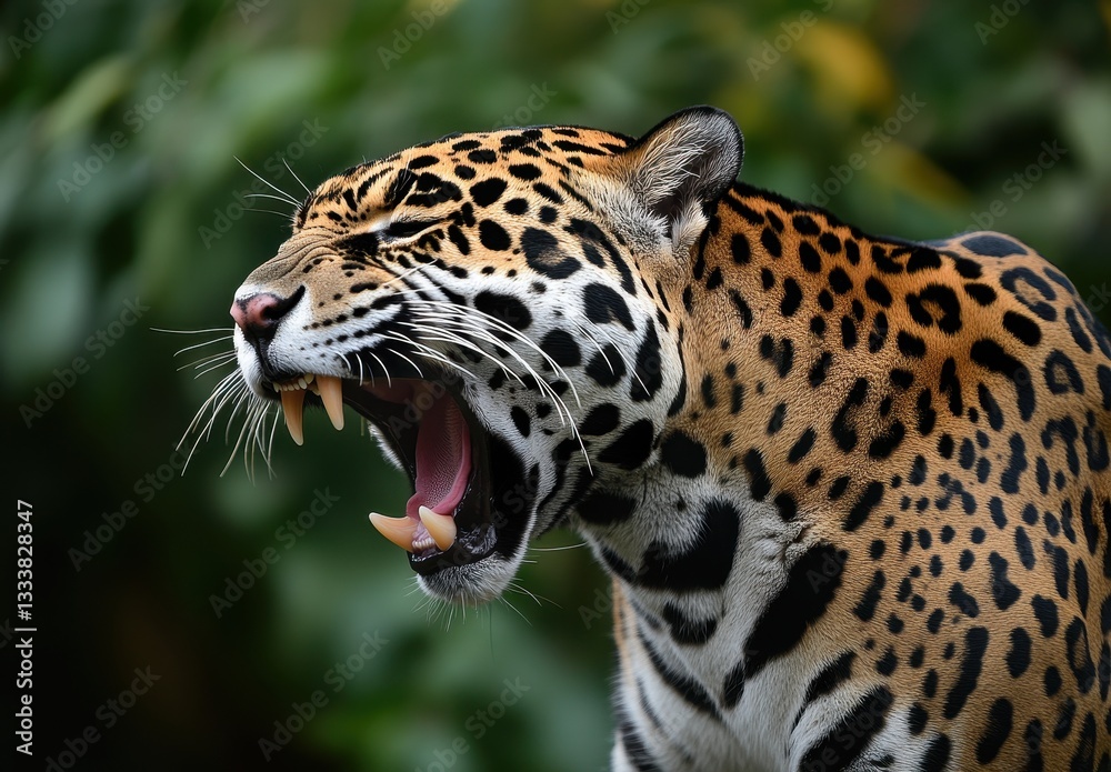 Obraz premium Majestic jaguar yawning, showcasing its powerful jaws and distinctive spotted coat against a lush green background in a natural habitat setting