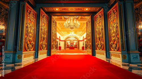 The image conveys the solemnity of the entrance to a luxurious casino with a red carpet. Gilded doors lead into a spacious hall filled with the light of crystal chandeliers and exquisite details.