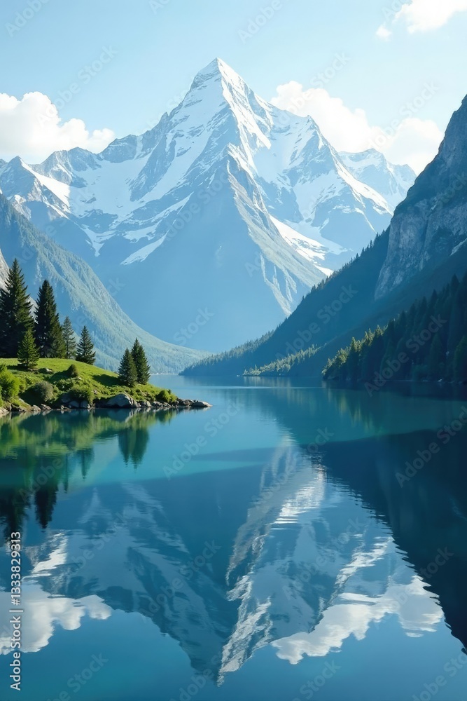 Fototapeta premium Snow-capped peaks gently slope towards a serene lake, pristine, calmness