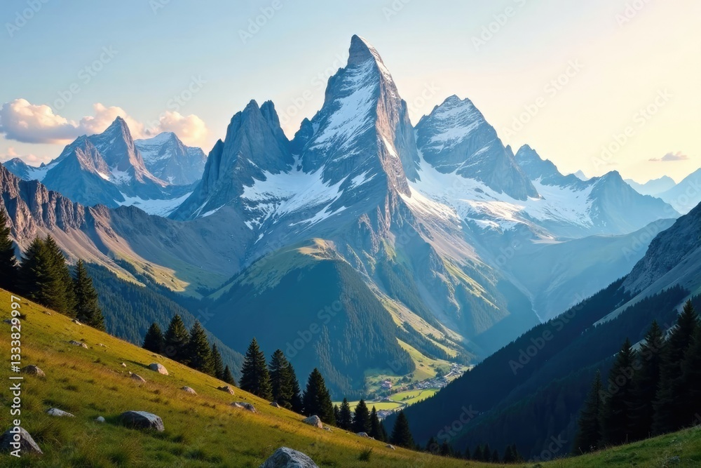 Fototapeta premium Snow-capped peaks of the Dolomites glisten in the morning sun, peak, landscape, mountain range
