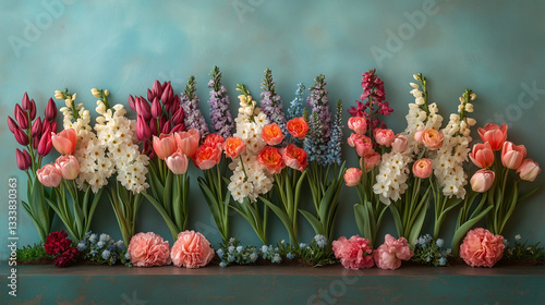 Spring Flower Flat Lay on Pastel Blue Background 