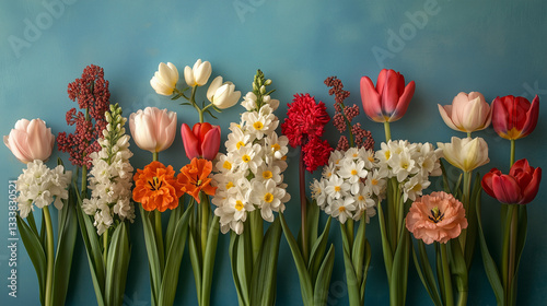 Spring Flower Flat Lay on Pastel Blue Background 
