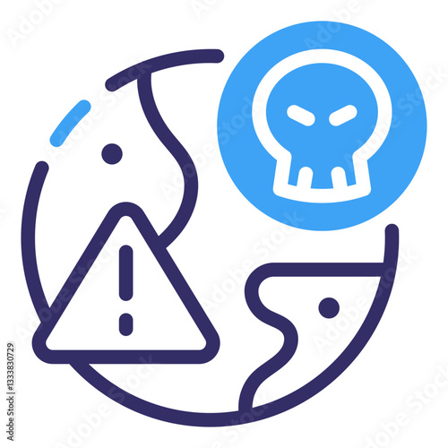 Global Threat Alert: A stark and minimalist graphic illustrates a planet Earth encircled by warning symbols, symbolizing a critical global threat. Cyber DDoS attack icon