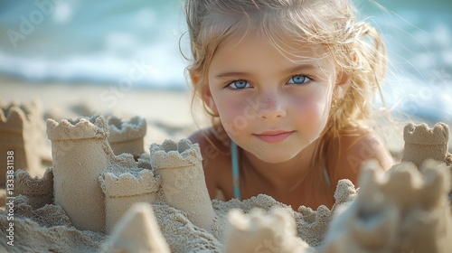 Girl building sandcastles on sunny beach