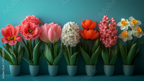 Spring Flower Flat Lay on Pastel Blue Background 