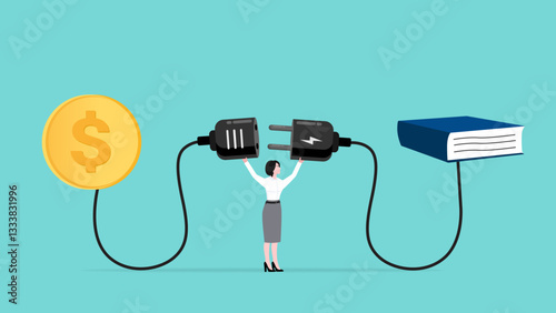 exchanging money with book to get knowledge to achieve target or goal, businesswoman connect plug with money book concept vector illustration with flat style design