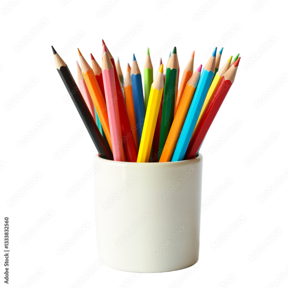 Fototapeta premium Vibrant colored pencils in a cup, white background. Playful and clean for education, art, back to school, or design projects. Stationery and office supplies. Isolated on transparent background.