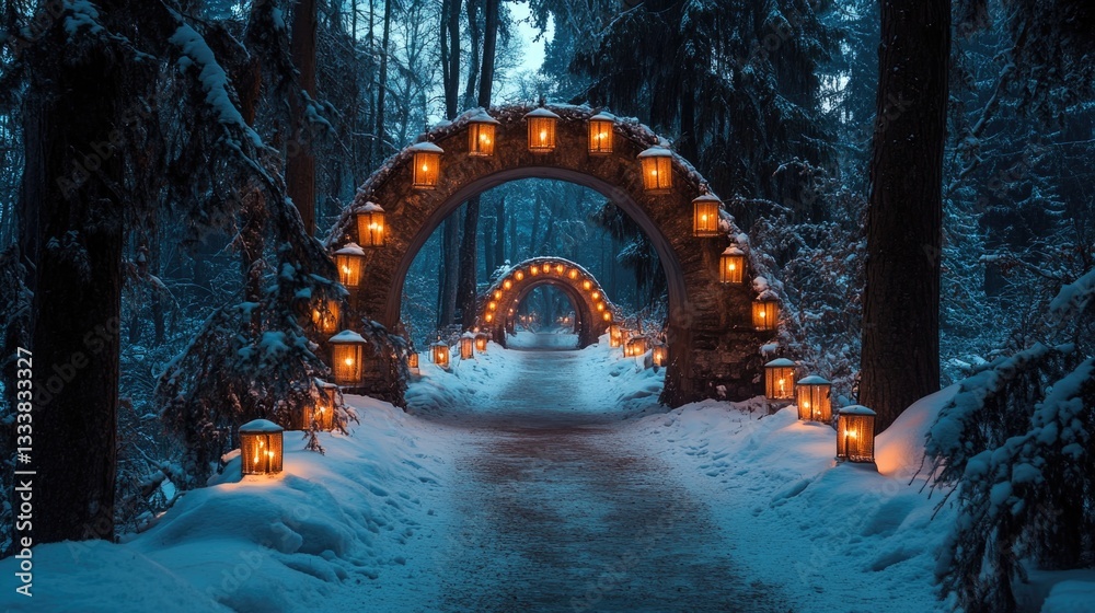 Illuminated pathway through a snowy winter forest archway landscape Illuminated pathway through a snowy winter forest archway landscape