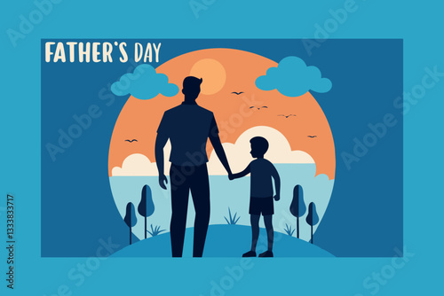 A Father and son silhouette on Father's Day, holding hands by the seaside.