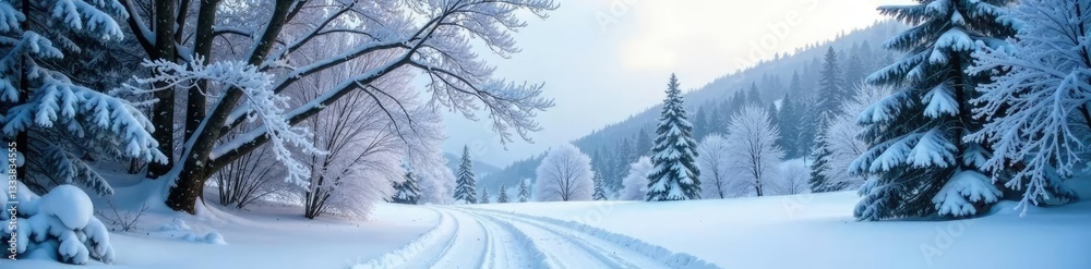 Fototapeta premium Snow falls heavily on the trees and underbrush,, icy branches