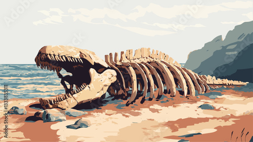 A stylized illustration depicting the skeleton of a large theropod dinosaur lying on a sandy beach near the ocean. The skeleton is largely complete, with visible ribs, vertebrae, and skull.  The