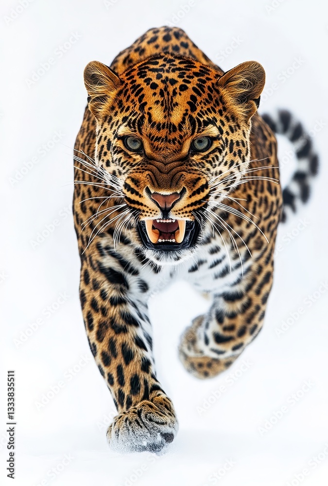 Obraz premium Majestic Leopard Charging Forward with Intense Gaze and Prominent Spots Captured in Motion Against a White Background