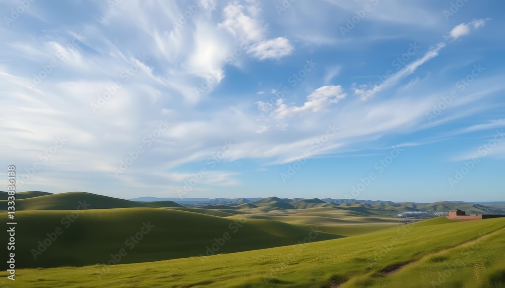 Serene landscape featuring a vast, open sky and rolling hills, farmland, outdoor Serene landscape featuring a vast, open sky and rolling hills, farmland, outdoor