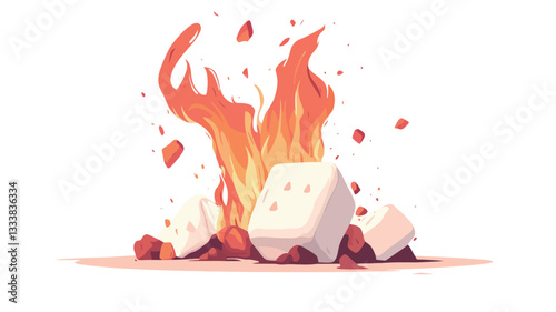A digital illustration depicting several white sugar cubes engulfed in flames. The flames are predominantly orange and yellow, with some red hues near the base.  Small, red embers are scattered