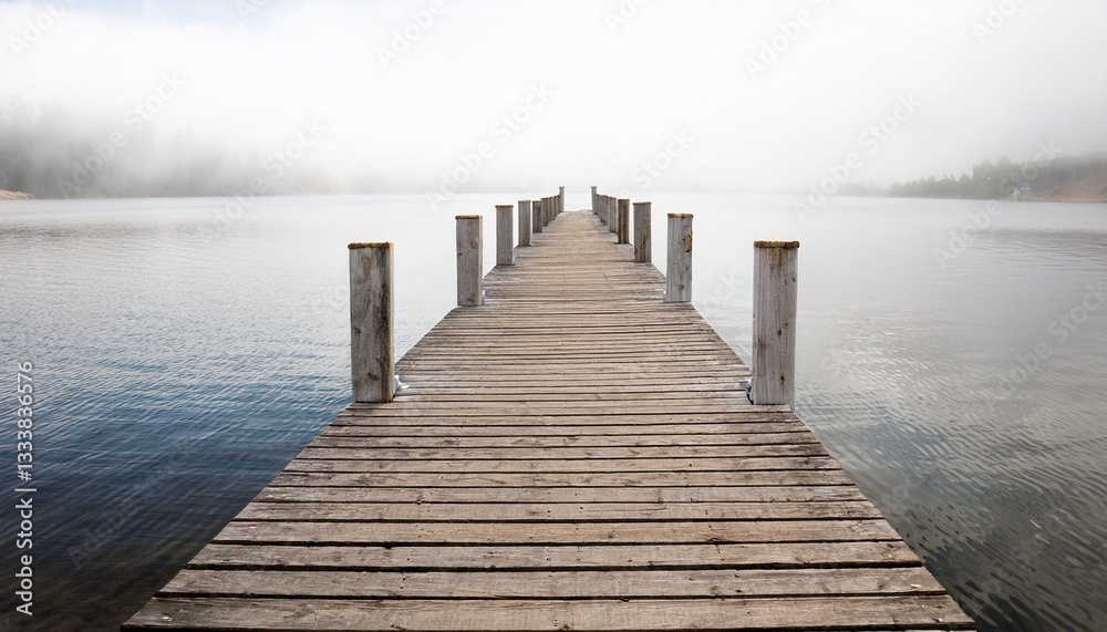 Fototapeta premium wooden dock calm water white background serene