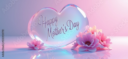 An iridescent Mother's Day greeting card with a holographic pastel sheen, floating above a futuristic glass surface