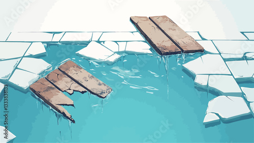 The image shows a high-angle, close-up view of broken ice pieces floating in blue water. Two wooden planks are partially submerged in the water; one is mostly intact, while the other is broken into