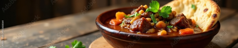 Rustic bowl of hearty Egyptian beef stew served with pita bread on wooden table, wholesome, pita, dinner Rustic bowl of hearty Egyptian beef stew served with pita bread on wooden table, wholesome, pita, dinner