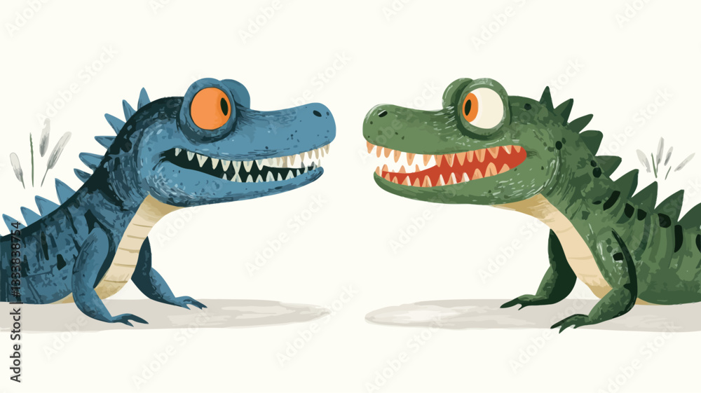 Fototapeta premium Digital illustration featuring two cartoon crocodiles. One is blue, the other green. Both are depicted in a playful, friendly pose facing each other, with exaggerated features and expressions. The