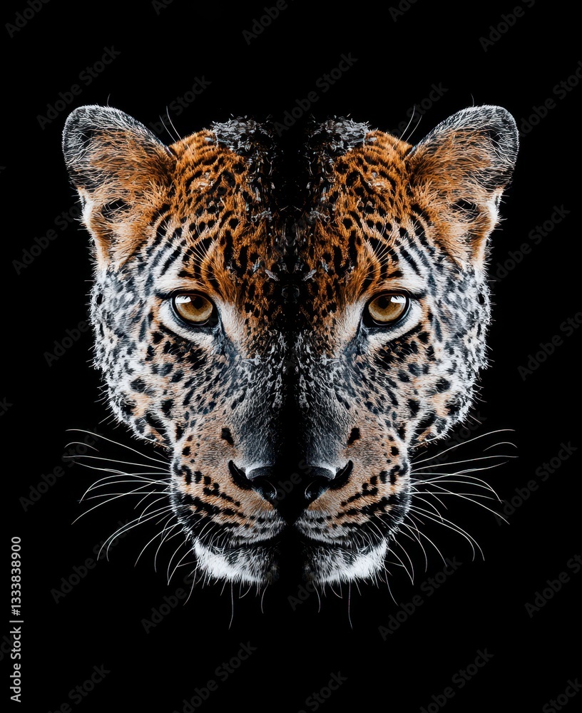 Fototapeta premium Majestic Leopard Close-Up Portrait on Black Background Showcasing Intricate Spots and Striking Eyes of a Fierce Wild Animal