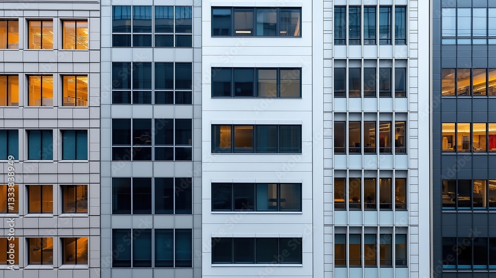 Modern office building facade. Urban architecture with glass and metal, corporate real estate, illuminated windows, contemporary business environment Modern office building facade. Urban architecture with glass and metal, corporate real estate, illuminated windows, contemporary business environment