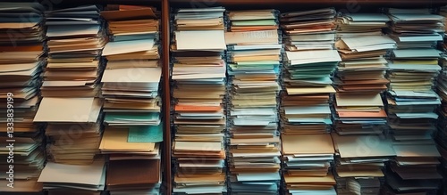 A large stack of documents and papers on the shelf, symbolizing an enormous amount of work to be done in the office or at home.