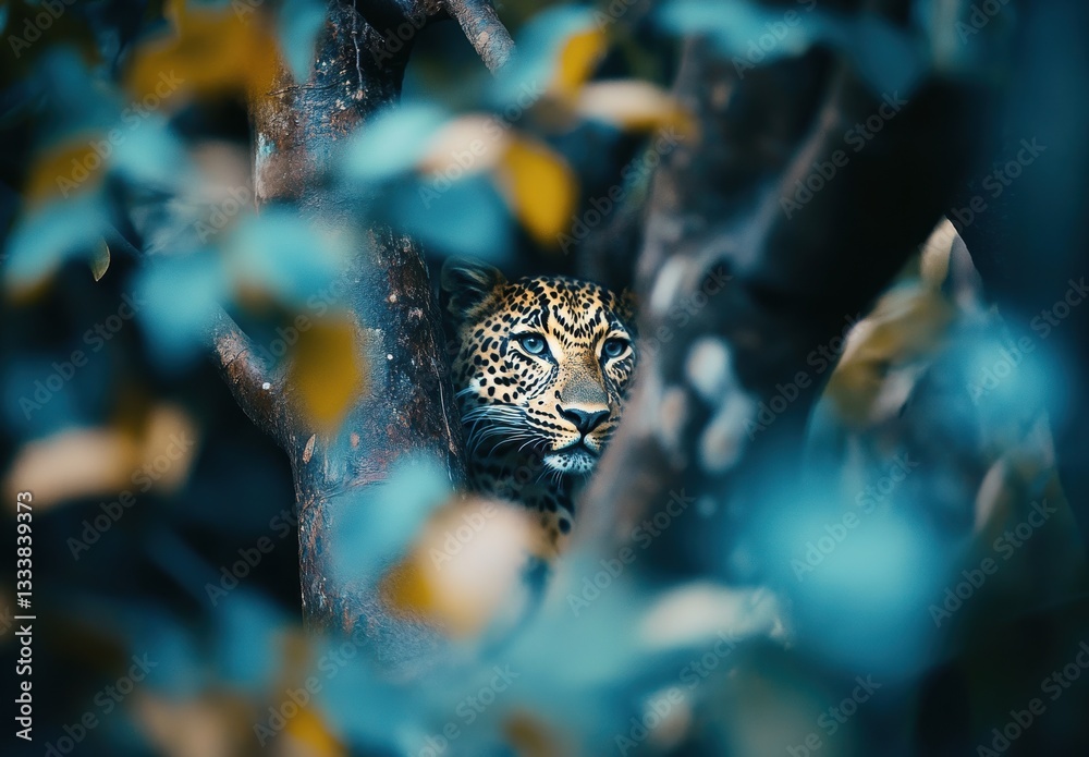 Majestic Leopard Concealed Among Lush Greenery in a Tropical Forest Setting, Capturing the Essence of Wild Nature and Animal Camouflage Techniques Majestic Leopard Concealed Among Lush Greenery in a Tropical Forest Setting, Capturing the Essence of Wild Nature and Animal Camouflage Techniques