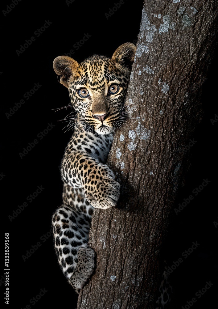 Naklejka premium Majestic Leopard Cub Climbing a Tree in a Dark Environment Capturing the Beauty and Grace of Nature's Wild Creatures in Stunning Detail