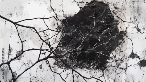 High-angle, close-up view of an abstract image dominated by a dark, roughly oval shape against a lighter background.  The dark area has subtle internal textural variations and lines.  Thin, dark,