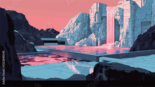 A digital painting depicting a surreal landscape.  The scene features geometric, crystalline rock formations resembling buildings or structures. A large waterfall cascades down a central structure,