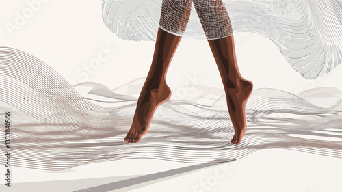 Close-up shot of a woman's legs and feet with dark brown skin. The legs are positioned gracefully, appearing to be in motion.  The background features flowing, translucent white fabric creating a