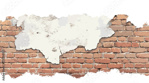 The image shows a horizontal close-up of a section of a brick wall.  A significant portion of the plaster is missing, revealing the underlying brickwork. The bricks are predominantly reddish-brown,