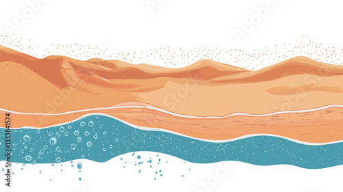 A stylized illustration depicting an abstract desert landscape.  The upper portion showcases undulating orange and beige sand dunes against a white background. The lower section features stylized