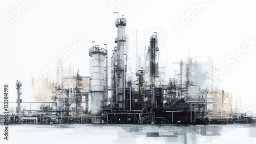 The image is an abstract grayscale depiction of an industrial complex.  It appears to be a stylized painting or digital artwork, not a photograph. The style is painterly, with visible brushstrokes