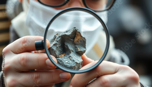 Examining Rock Sample with Magnifying Glass for Mineral Analysis Closeup