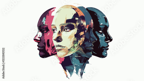 The image is a digital illustration depicting three stylized human faces in profile, juxtaposed.  Each face is rendered with a distinct color palette and style, suggesting different emotional