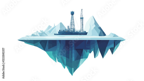 A digital illustration depicting an arctic scene.  The illustration shows an oil drilling platform and support vessel situated on a section of ice floe, partially submerged underwater, with jagged