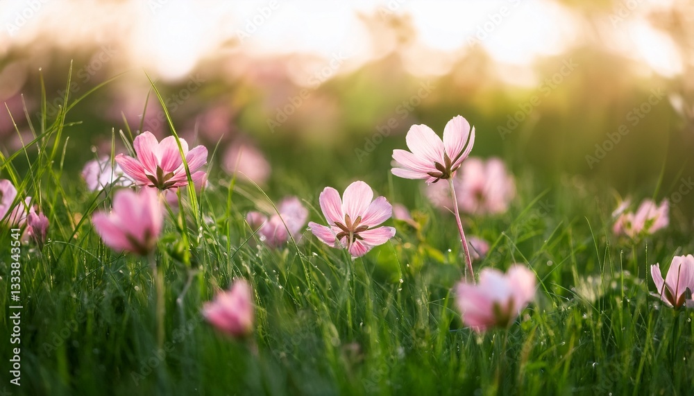 Obraz premium soft petals of pink flowers sway gently in the breeze amidst lush green grass greenery morning