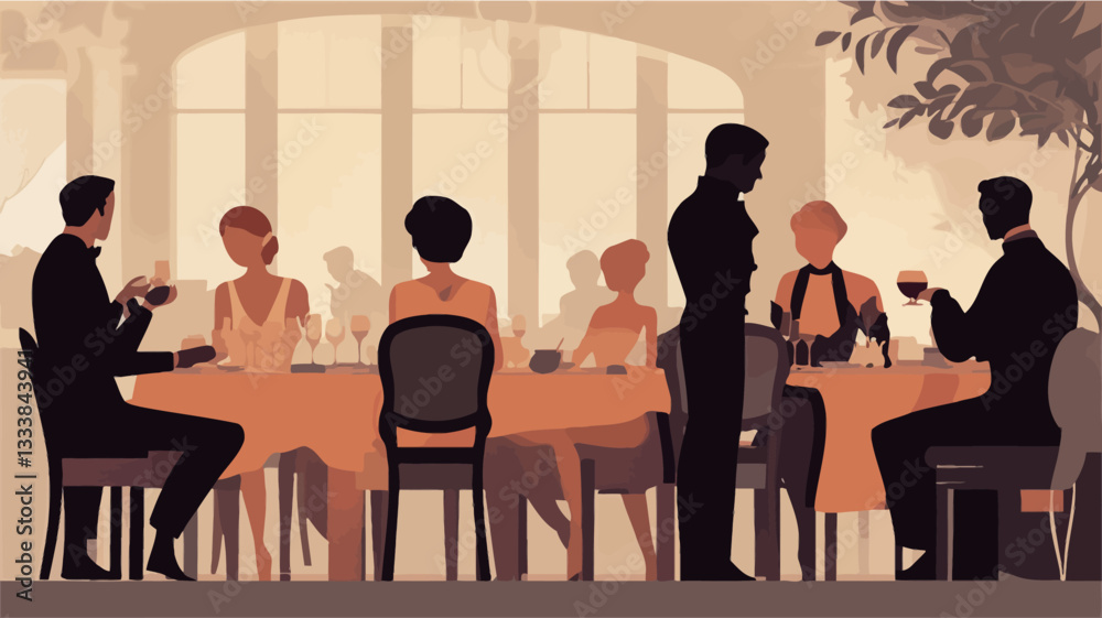 A stylized illustration depicting a formal dinner party. The image is rendered in a retro style using silhouettes of people seated around a large table, set with an orange tablecloth. The figures A stylized illustration depicting a formal dinner party. The image is rendered in a retro style using silhouettes of people seated around a large table, set with an orange tablecloth. The figures