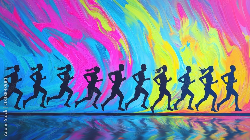 Silhouettes of different runners depict a lively scene filled with motion, set against a swirling, colorful abstract backdrop that radiates energy and excitement Silhouettes of different runners depict a lively scene filled with motion, set against a swirling, colorful abstract backdrop that radiates energy and excitement