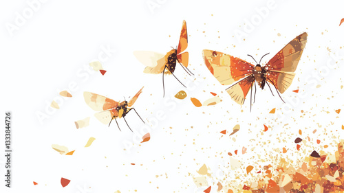 Close-up illustration depicting three moths with orange and white patterned wings in flight against a white background.  Small, scattered particles of orange and brown, resembling dust or pollen,