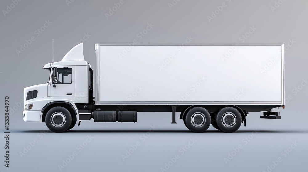 A large white commercial semi truck is displayed in profile A large white commercial semi truck is displayed in profile