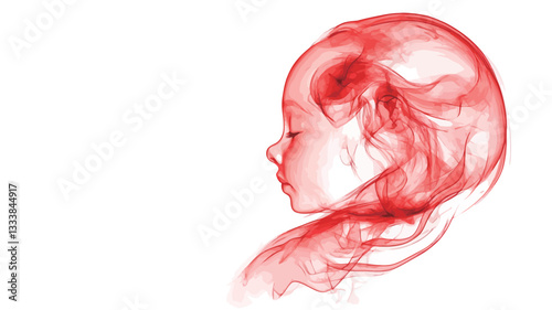 A stylized illustration depicting a fetus in profile view. The image is rendered in shades of red, with a translucent quality revealing internal structures.  The fetus is shown in a curved posture,